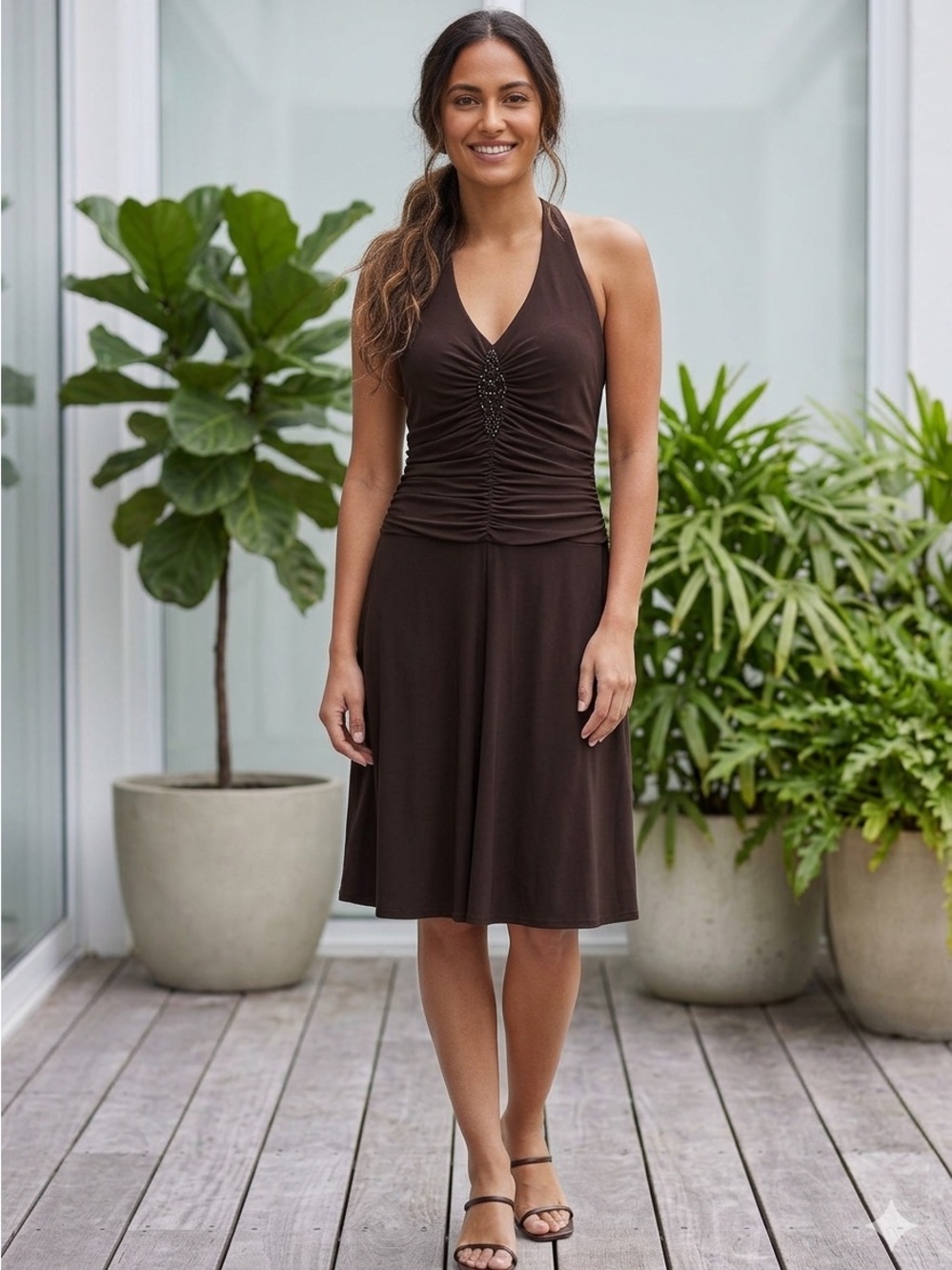Evan-Picone Dress Size 10 Black Sleeveless Halter Sequin Design